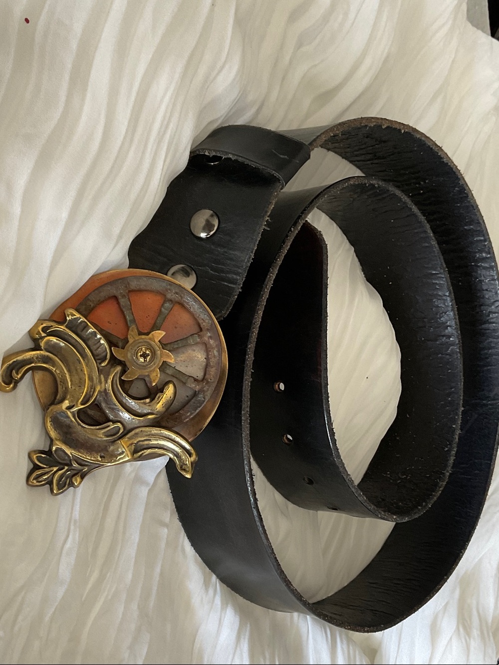 Black Leather Men’s Belt with Decorative Brass Wheel Buckle